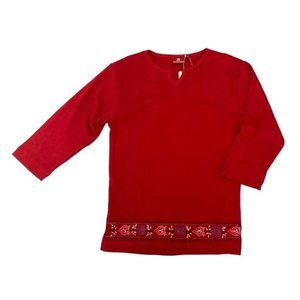 vintage dead stock red v-neck cut out top with floral embroidery